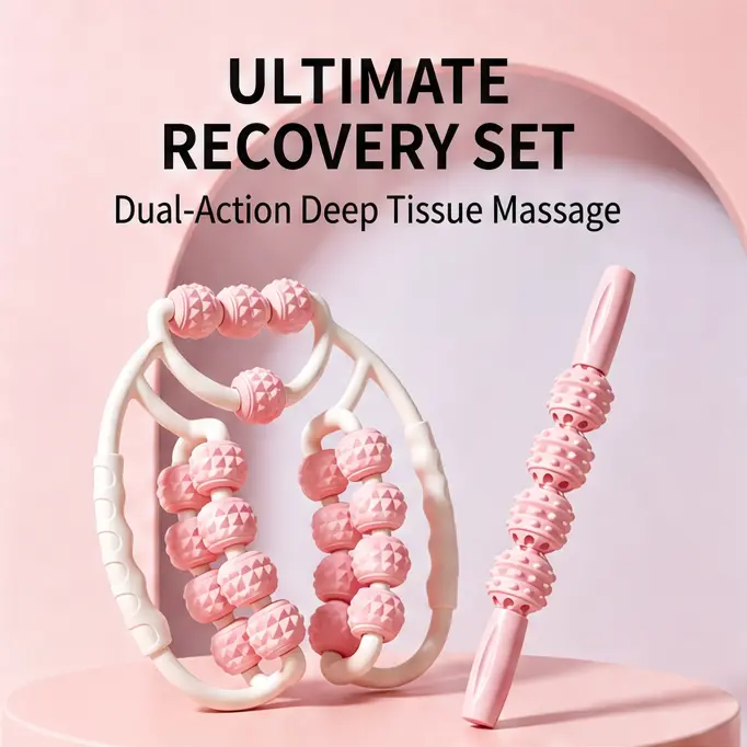 2 In 1 Deep Tissue Massage Roller Set, 360° Wrap Around Leg Massager Ring & Handheld Massage Stick, Portable Multi-Roller Manual Muscle Relief Tool for Neck Shoulder Hip Leg Arm At-Home Self Massage