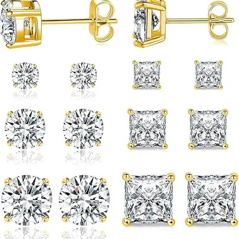 GEMESME Women's 18K White/Yellow Gold Stud Earrings Set - 5/6 Pairs, 0.1-0.25CT Cubic Zirconia, 3-8mm Round/Princess CZ, Hypoallergenic Earrings Jewelry for Adults, Classic Daily Costume Accessory