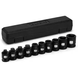 10 count 1/2" Dr. Pipe Plug Socket Set, SAE, CR-MO, Tapered Male Square Drive - 7/16 Inch to 9/16 Inch, Chamfered Female Square Drive - 7/16 Inch to 13/16 Inch