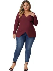 Agnes Orinda Plus Size Knit Tops Wrap V Neck Criss Cross Long Sleeve Asymmetrical Sweater