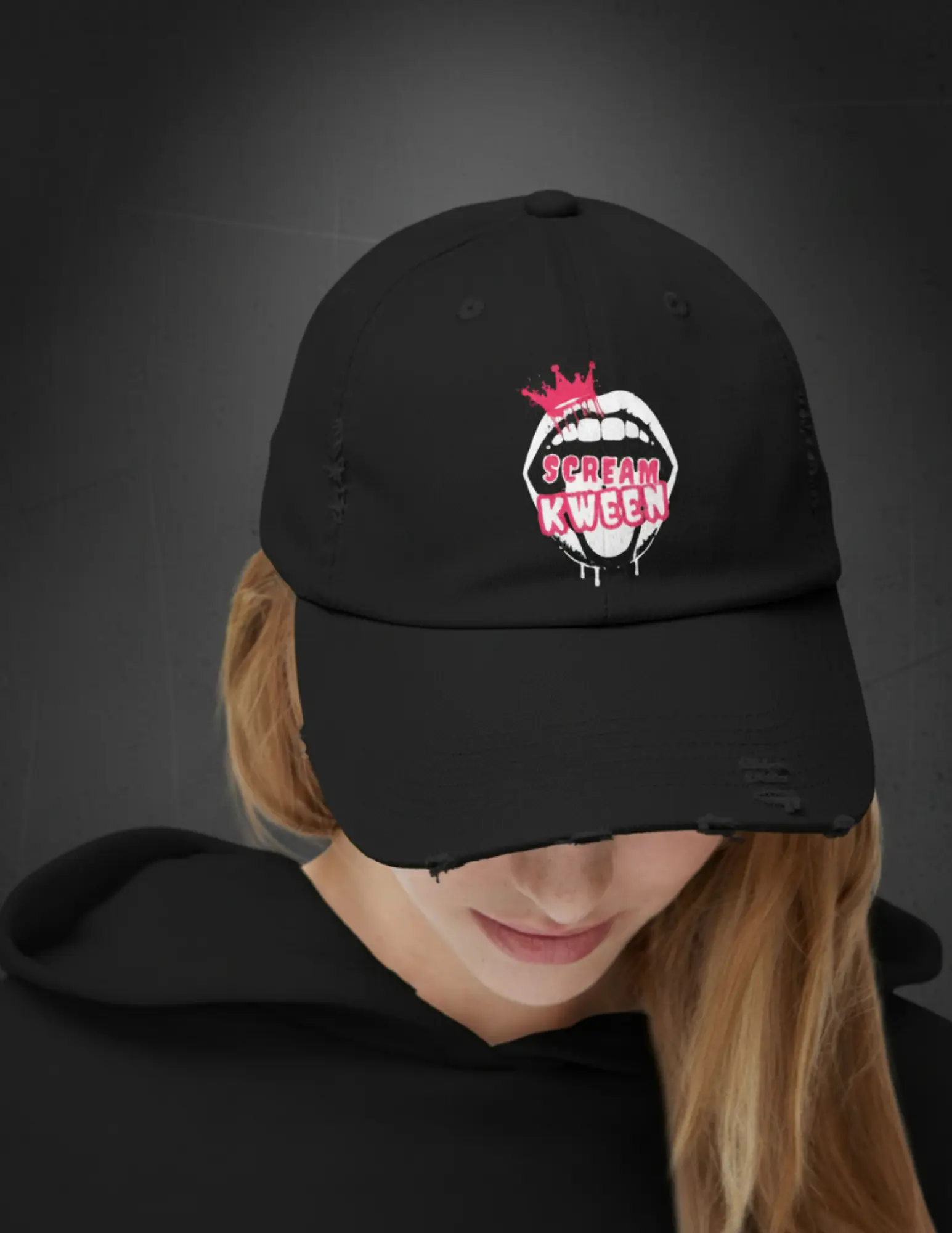 Scream Kween Distressed Cap - Horror Theme Headwear for Fashion Enthusiasts, Distressed Retro, Ghostface Motif, Embroidered Phrase, Logo Decal, Retro Grunge Styles, Distressed Retro Hats, Ghostface Motif Hats