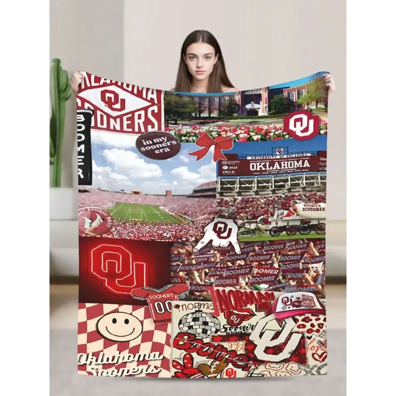 Oklahoma Sooners College-Themed Throw Blanket, Gender Neutral Multi-Color Warm Breathable All-Season Blanket, Ideal for Car Use and Outdoor Picnics, Air Conditioner Cover, Gender Neutral Blankets, Multi Color Blankets