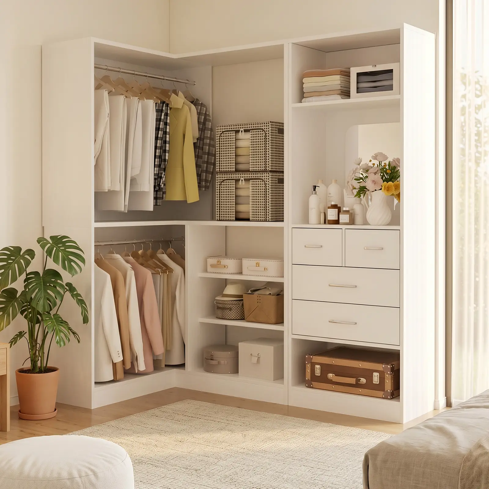 Unikito Modern White L-Shaped Corner Wardrobe - Corner Fit, 4 Drawers, Mirror & Rods, Double Hanging Rods, Heavy-Duty Construction, Space-Saving Freestanding Storage Organizer, Efficient Solution for Small Spaces, Assembly Required