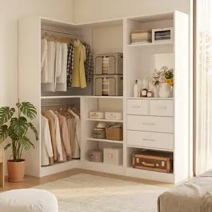 Unikito L-Shaped Corner Closet Organizer with Mirror and 4 Storage Drawers, Walk-In Closet System with Double Hanging Rods, Heavy Duty Freestanding Wardrobe Rack, Space Saving Corner Tower, White