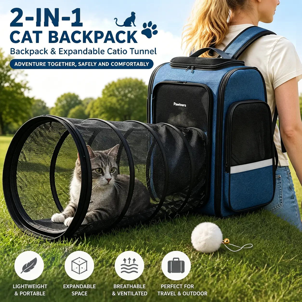 Pawtners Expandable Mesh Linen Fabric Carrier Backpack for Cats - 43in L x 12.6in W x 15in H Pet Supplies, Portable Design with Tunnel, Buckle, Metal Parts, Anti-Scratch Material, Escape-Safe Leash, Airflow Boost for Outdoor Travel