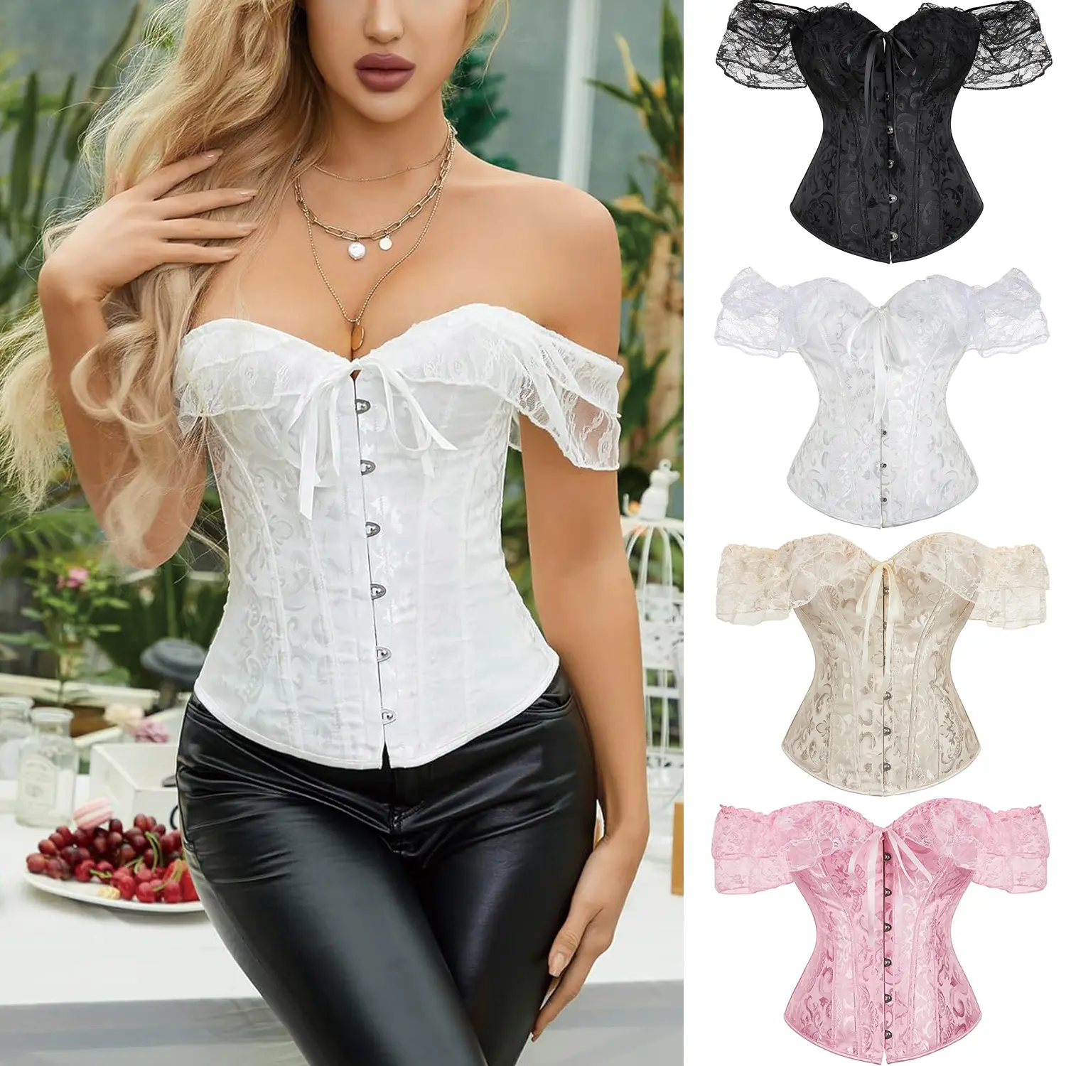 Women's Gothic Floral Boned Lace-Up Overbust Corset Top with Lace Sleeves - Waist Trainer for Halloween, Party Costumes, Yoga Wear (Premium Fabric)