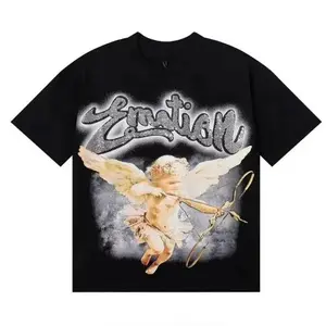 Emotion Rhinestone Cherub Graphic T-Shirt, Vintage Angel Print Tee, Oversized Streetwear Shirt, Edgy Casual Short Sleeve Top, Trendy Y2K Aesthetic Cotton Tee for Streetwear and Angel Emotion Fans
