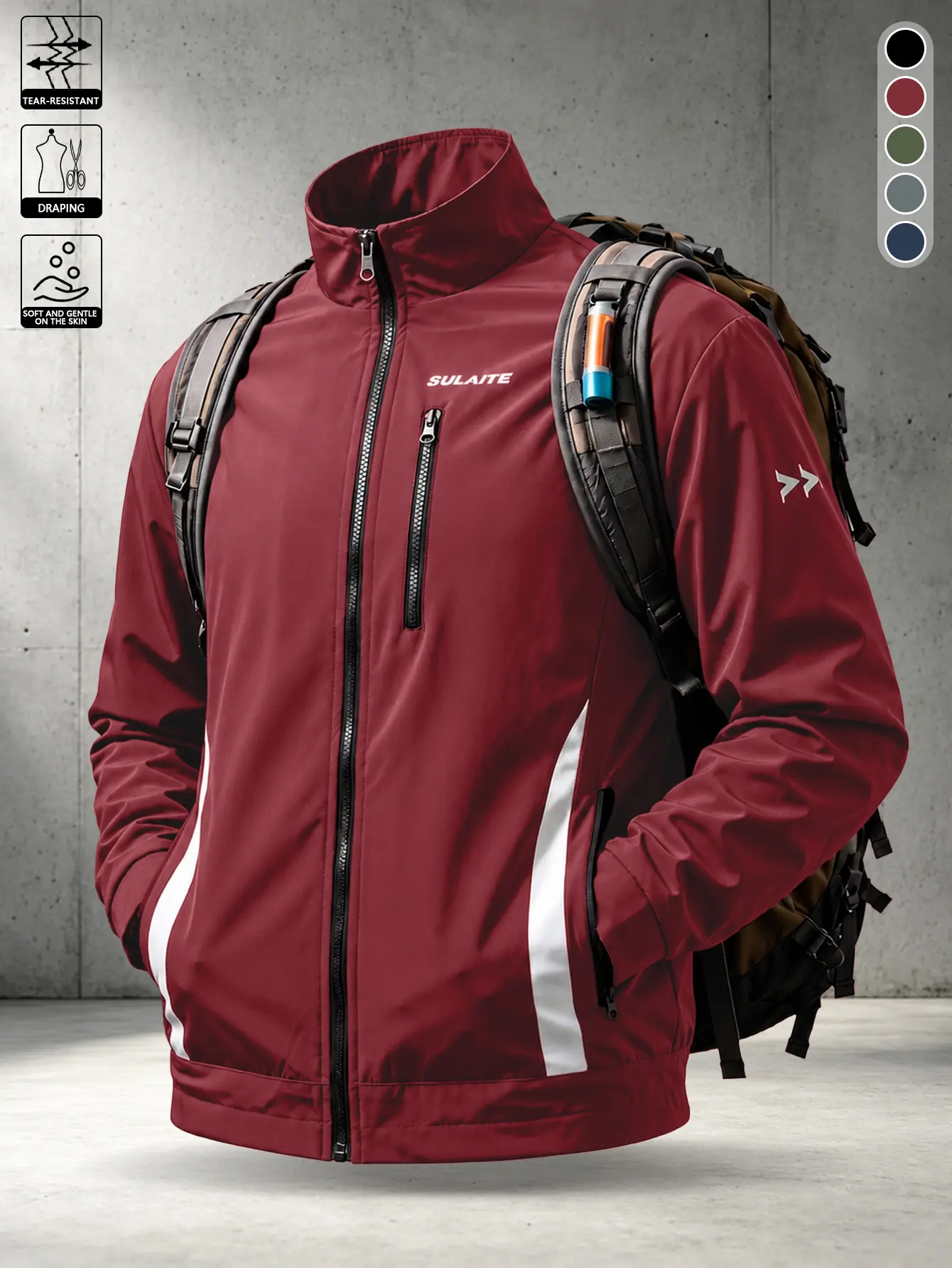 Men’s spring/autumn American burgundy stand-collar functional jacket, slightly loose straight cut with 3D shaping, stretch cuffs that tighten at the hem, symmetrical vertical white stripe detailing on the sides, a casual outerwear piece for cycling, commu