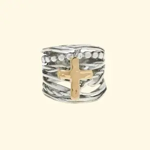 Vintage gold and silver cross ring, faith jewelry for men and women, wide religious ring boho style, perfect gift for him or her, valentine's day