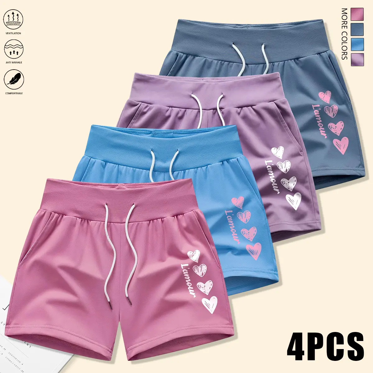 Set of 4 women’s shorts featuring drawstring and elastic waistband, adjustable fit, comfortable fabric—ideal for beach vacations, gym workouts, and home wear. Summer shorts, women’s shorts.