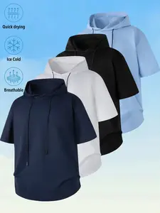 One-piece Men’s short-sleeve hoodie, quick-dry ice cool breathable hooded T-shirt, loose-fit casual athletic top for gym workouts and everyday wear