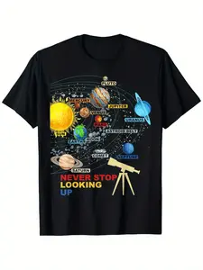 Astronomy Solar System Planets T-Shirt| 'Never Stop Looking Up' Motif, Short Sleeve, Round Neck, Machine Washable, Casual Style, All-season Fit