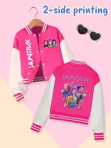 Girls Kpop Demon Hunters Baseball Jacket, Casual Fitted Short Coat, Fall & Winter Elastic Fabric, Korean Fashion Style, Casual Comfy Jacket