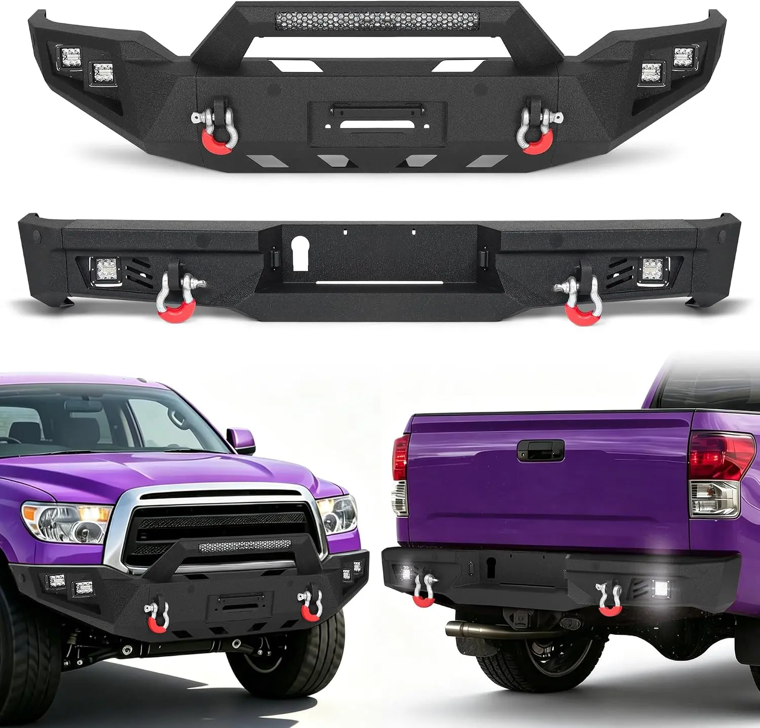 MONOKING Front and Rear Bumper Set for 2007-2013 Tundra, Steel Off-Road Bumpers with Winch Plate, LED Light Bar, Fog Lights and D-Rings