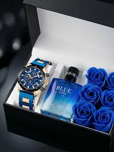 2-piece men's Korean street style multi-function adjustable luminous wear-resistant Father's Day gift high-quality amber perfume combination quartz watch gift box set Casual Wristwatch Set