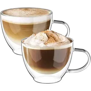 Ecooe Insulated Double Walled Glass Coffee Mug Set of 2, 12 Oz Clear Borosilicate Cups with Handle, Heat Resistant Latte and Cappuccino Mugs, 350 Ml Coffee and Tea Cups ecooe