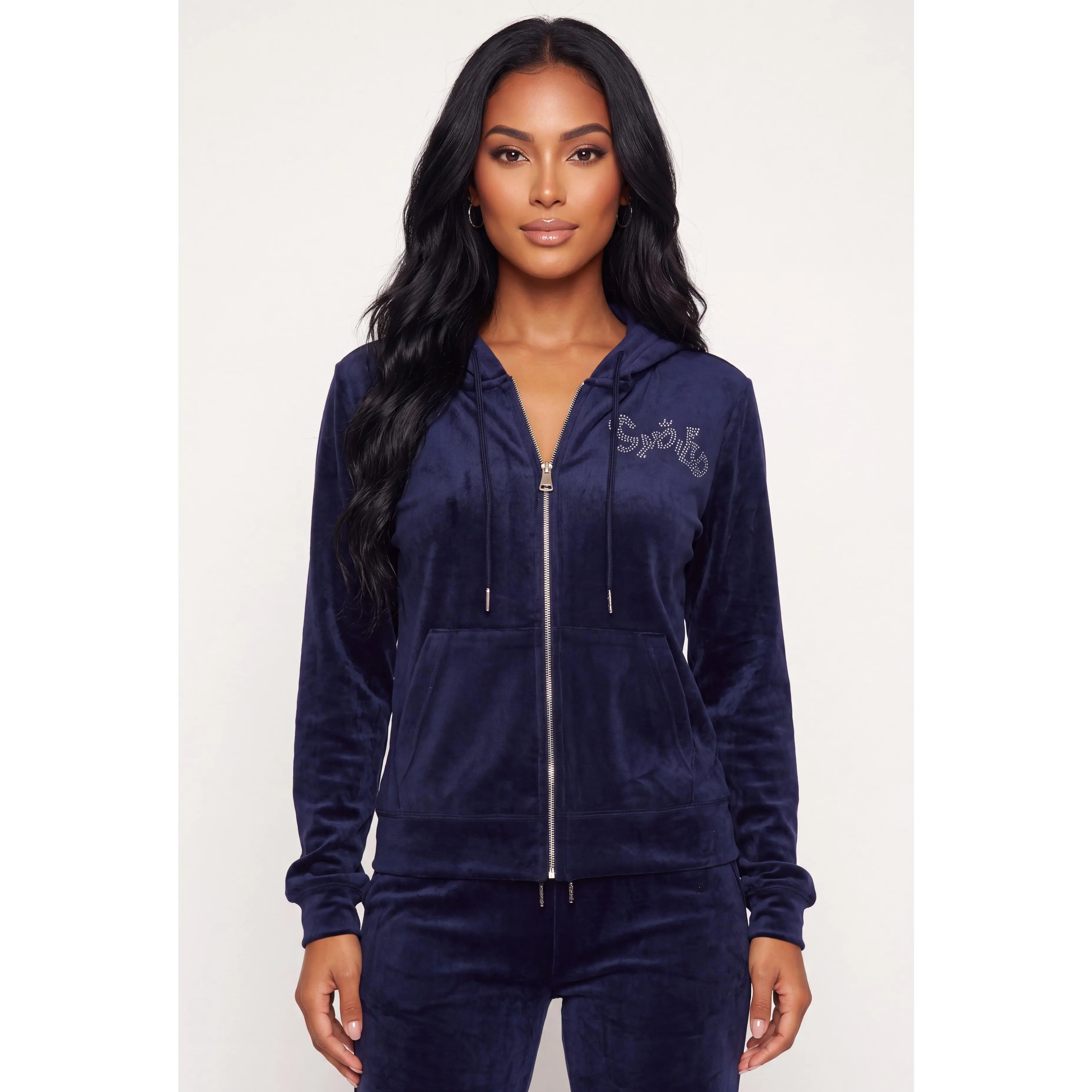 Rhinestone Spoiled Graphic Velour Zip Front Hoodie