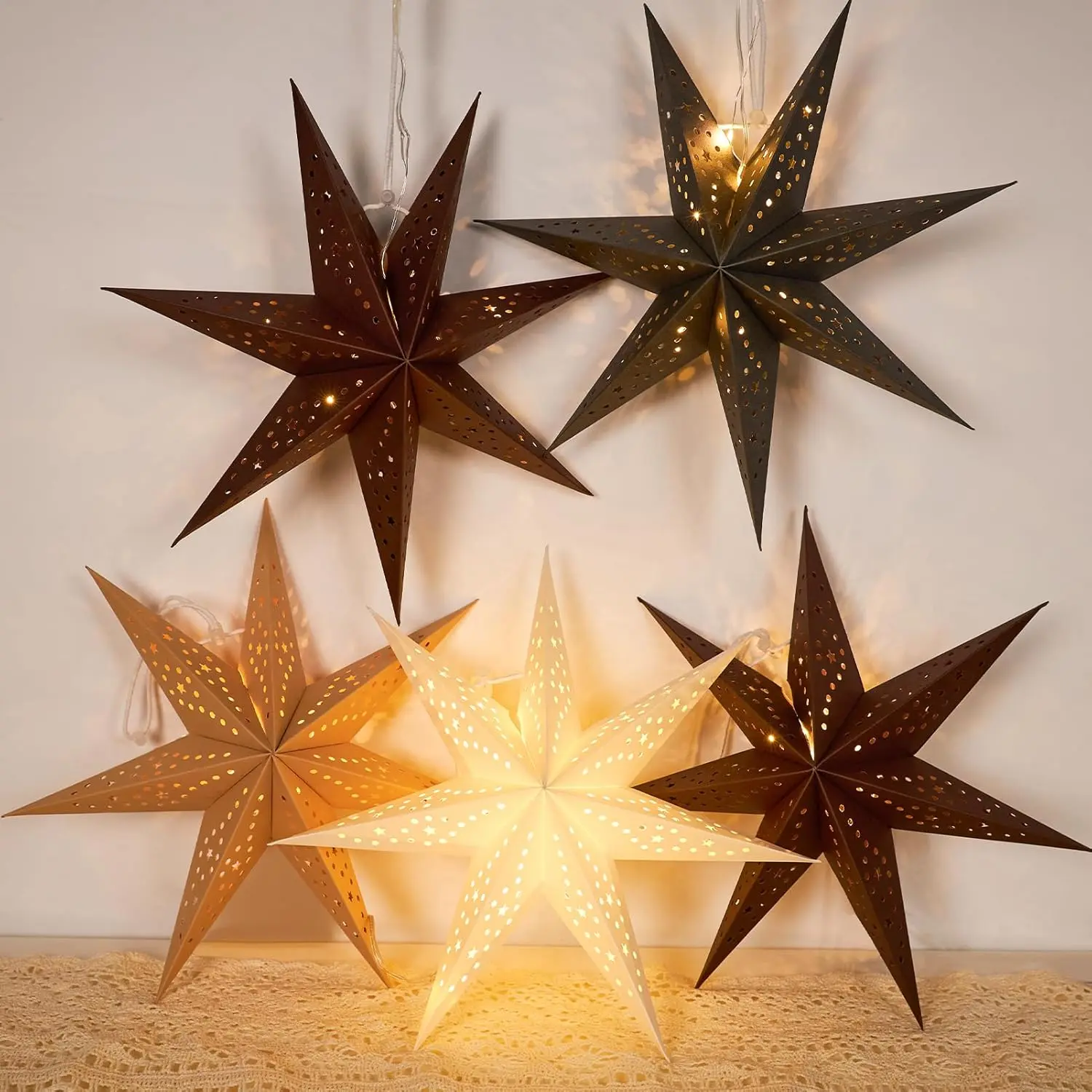Paper Lantern Christmas 5 count  Stars 7 Pointed 12 Inch White Gray Brown  Stars Lanterns Christma Lamp Decorations Wedding Birthday Christmas  Party