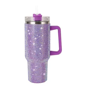 Rhinestone Decor Tumbler, Insulated Drink Tumbler, 40oz Insulated Stainless Steel Double Wall Water Cup, with Lid & Straw, Travel Mug, Water Bottle for Women