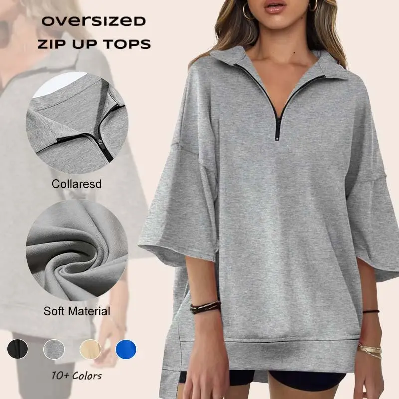 Imily Bela fitness Womens Oversized Sweatshirt Casual Zip Up V Neck 3/4 Sleeve High Low Pullover Tunic Tops Black Hoodie