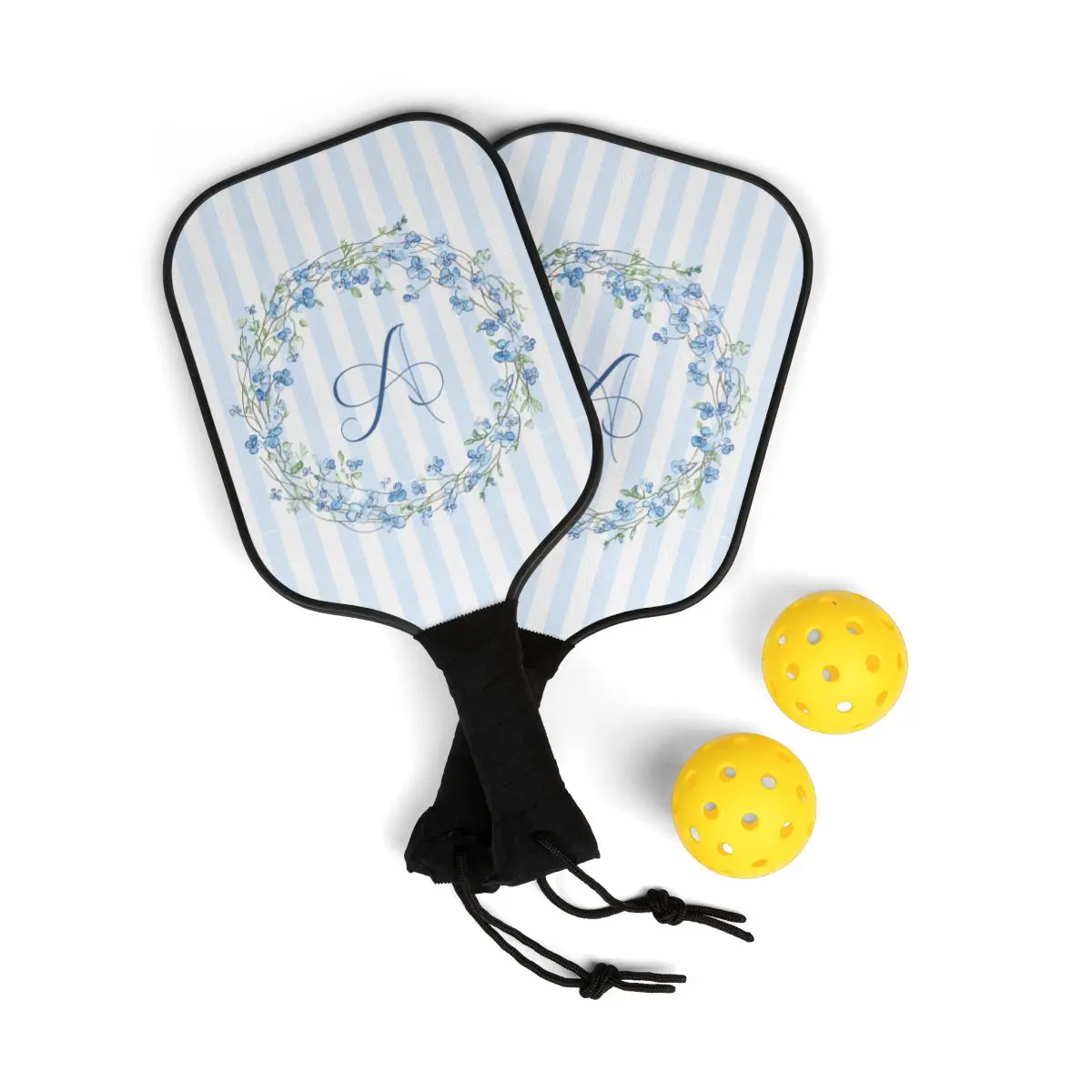 Personalized Pickleball Paddle Set | Custom Monogram Paddles with Floral Wreath | Preppy Pickleball Gift