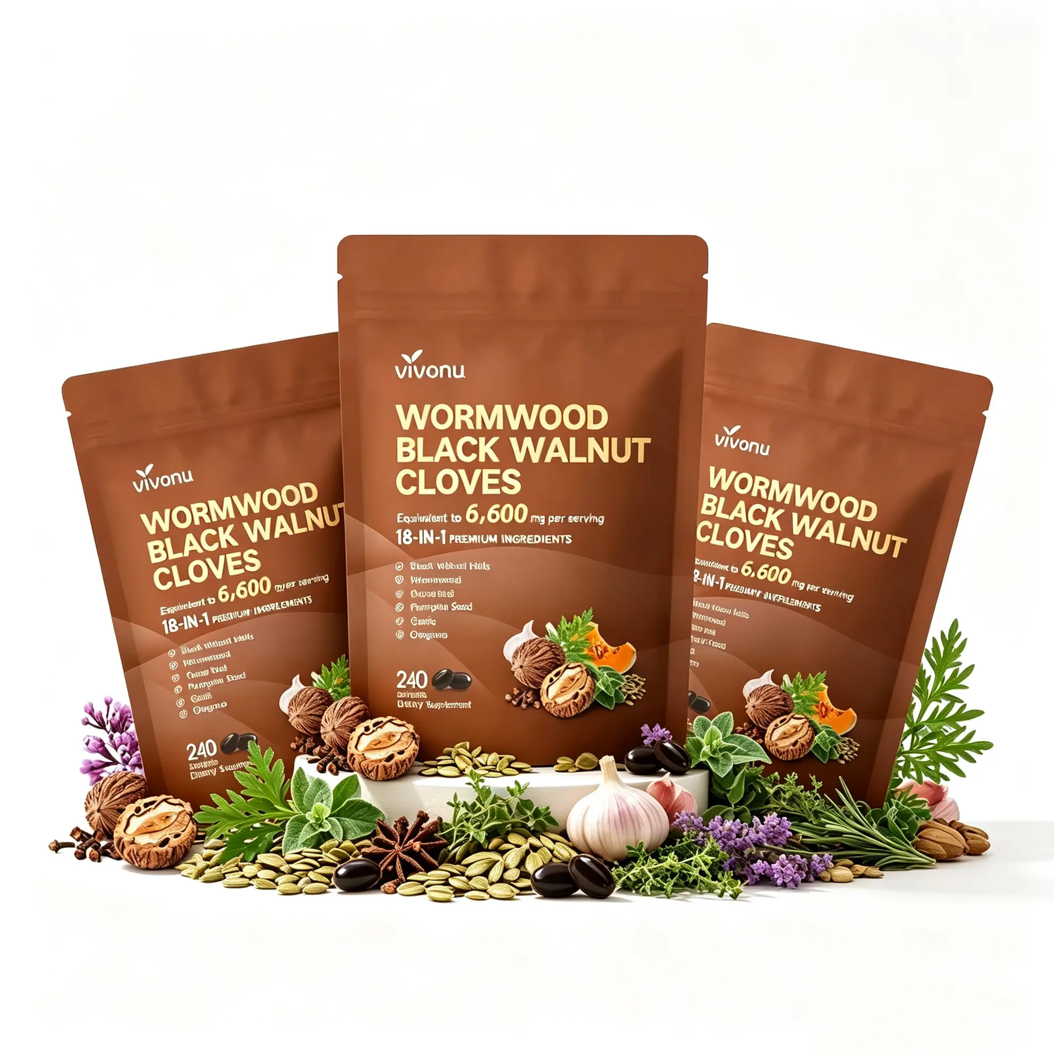 VIVONU Wormwood Black Walnut Cloves Capsules - Boost Metabolism & Enhance Energy | Contains Black Walnut, Garlic, Wormwood, and More | 240 Capsules (80-Day Supply)