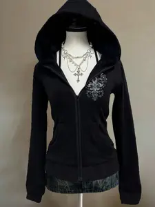 Women's Y2K Gothic Feather Graphic Print Hoodie, Slim Fit Long Sleeve, Casual Vintage Style, Perfect for Tall Girls, Music Festivals, Streetwear