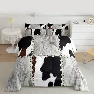 Feelyou Kids Cow Fur Printed Comforter Set - Western Theme Cowhide Pattern Bedding, Farmhouse White Plaid Duvet Set