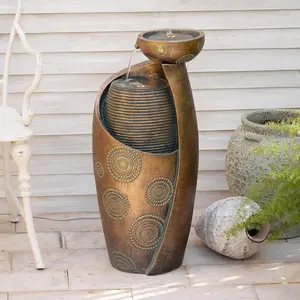 Tankana Outdoor Water Fountain Feature Goldish-Bronze 32 inches Large Jar Floor Standing with LED Light & Pump for Home Decor Office Yard Patio Deck Porch Easy Refill Dual Plug System