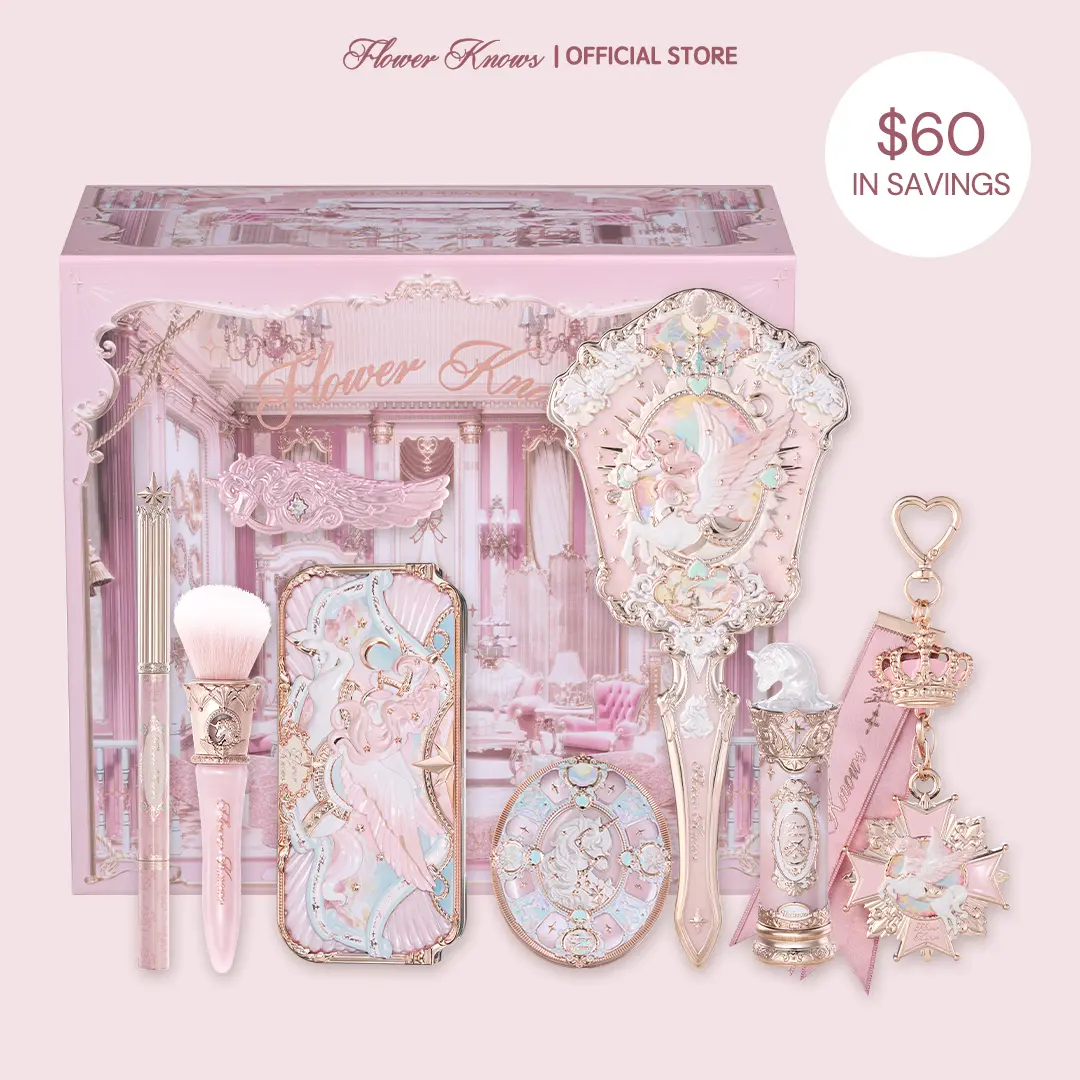 Flower Knows Celestial Bloom Set, 9 items from Knight Unicorn collection, full face set with eyeshadow, lipstick, blush, mirror and makeup tools Flower Knows Celestial Bloom Set, 9 items from Knight Unicorn collection, full face set with eyeshadow, lipstick, blush, mirror and makeup tools