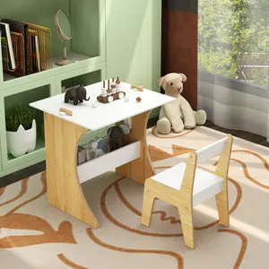 Kids Table Set with One Chair, Multifunctional Wooden Children Study Table-Convertible Tabletop for Study, Drawing & Play, Natural