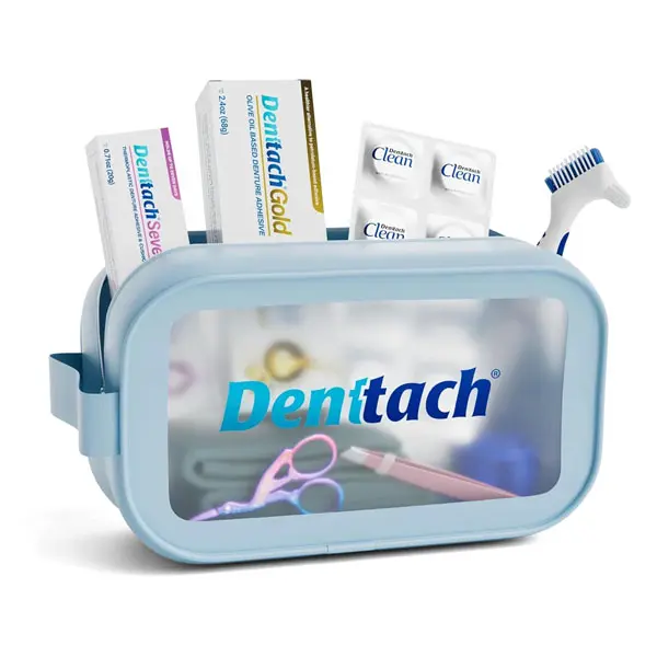 Denture Starter Kit, 9 Piece Kit Includes Denttach Seven Thermoplastic Denture Adhesive, Gold Denture Adhesive, Clean Tablets, Case, Brush, Scissors, Tweezers, Microfiber Towel & Travel Case