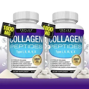 2 Bottles | 5 Types Collagen Peptides Complex, 1800mg, 90 Capsules Each, USA Made Dietary Supplement Edible Vitamin Fitness Colagen