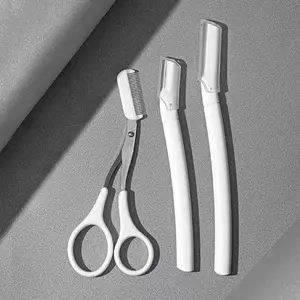 3-piece set of white professional eyebrow trimming scissors, safety eyebrow trimming knife + precision eyebrow scissors combination, selected stainless steel, scratch-resistant, safe eyebrow trimming, easy for beginners to use, easy to carry