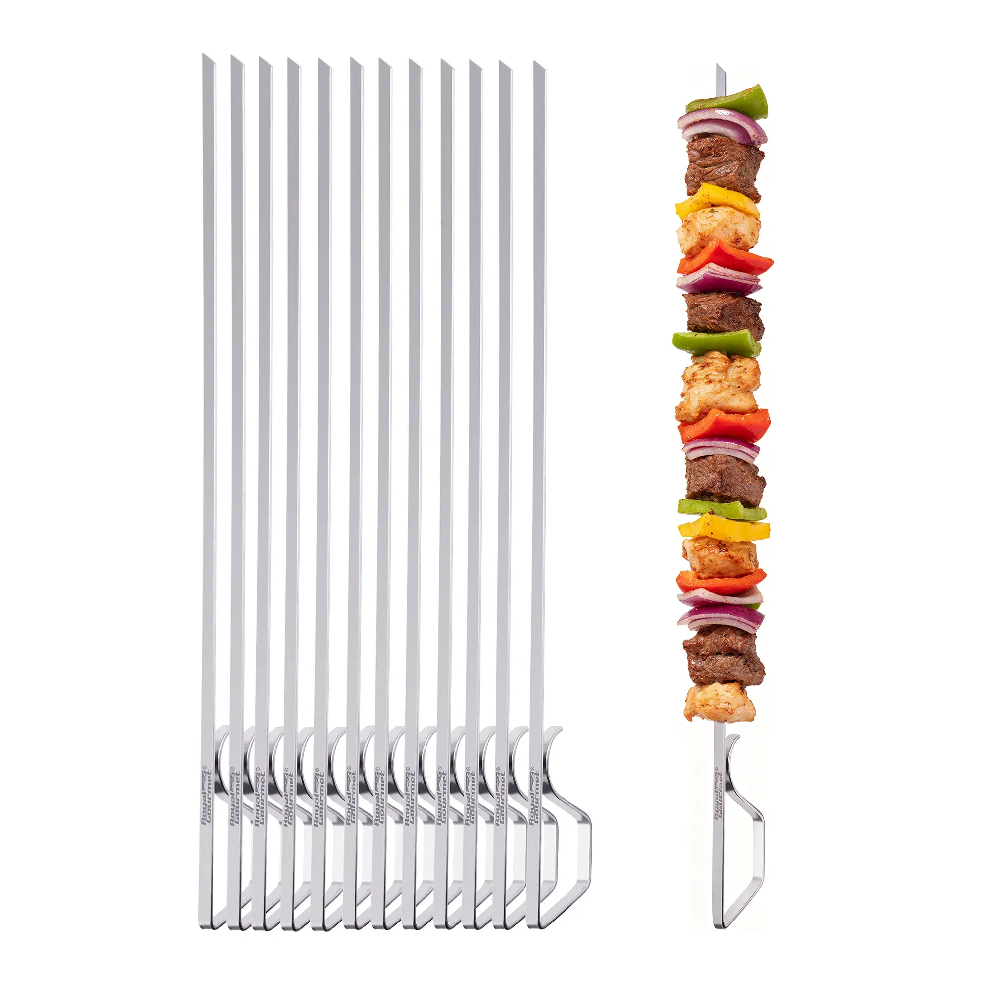 Royal Gourmet TS1601 13-Inch BBQ Flat Kebab Skewers for Grilling and BBQ-Pack of 12 Stainless Steel Reusable Skewers for Vegetables, Meat, Shrimp, with Storage Pouch, Silver