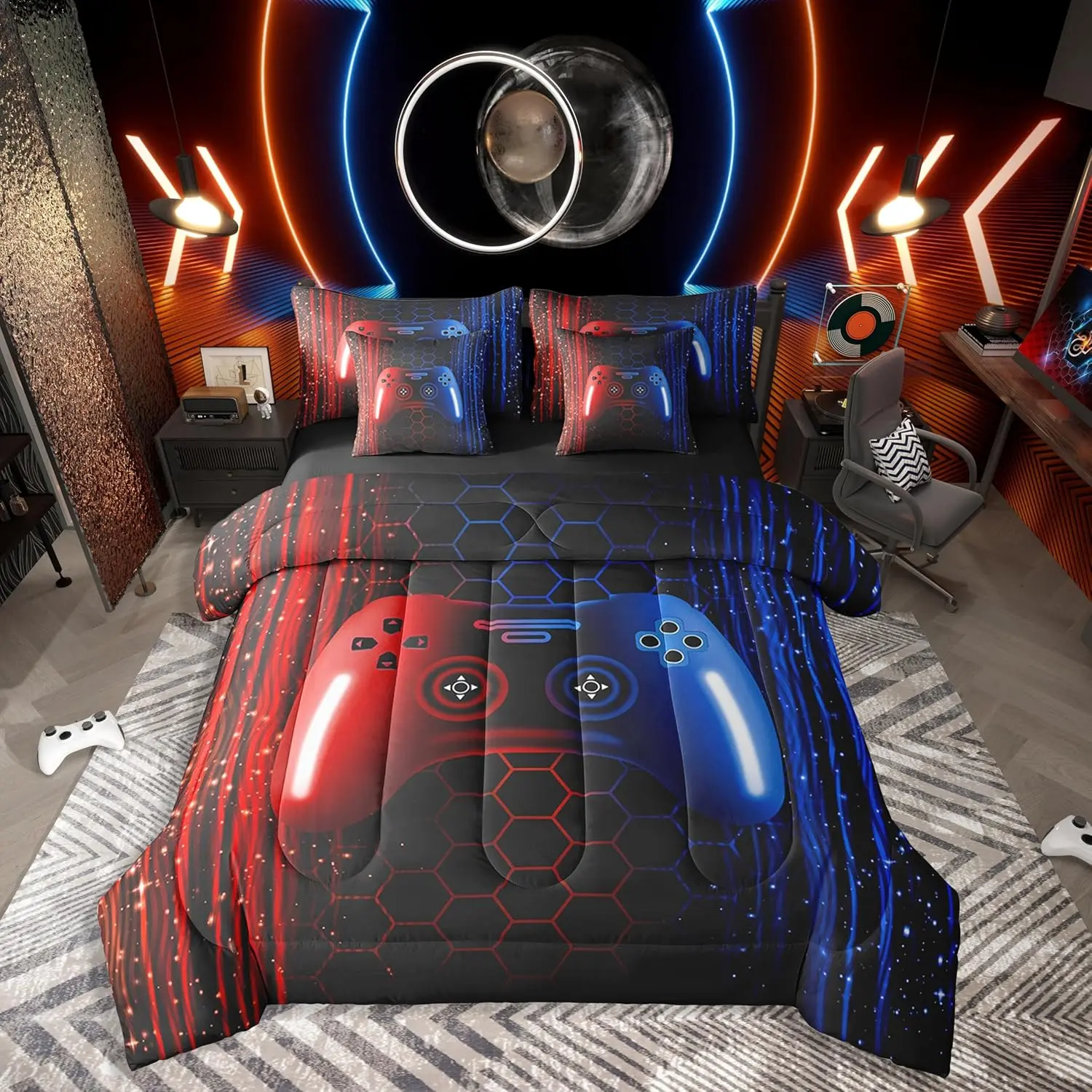 Feelyou 7-Piece Game Theme Bedding Set for Boys - Red and Blue Microfiber Luxe Gamer Comforter with Ombre Gradient Glowing Stripes, Honeycomb Design, Bedding Sheets, Multi-Size Set, Seven Pieces