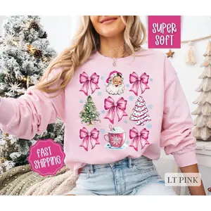 Pink Santa Christmas Sweatshirt, Merry Christmas Sweater, Women’s Holiday Crewneck Funny Santa