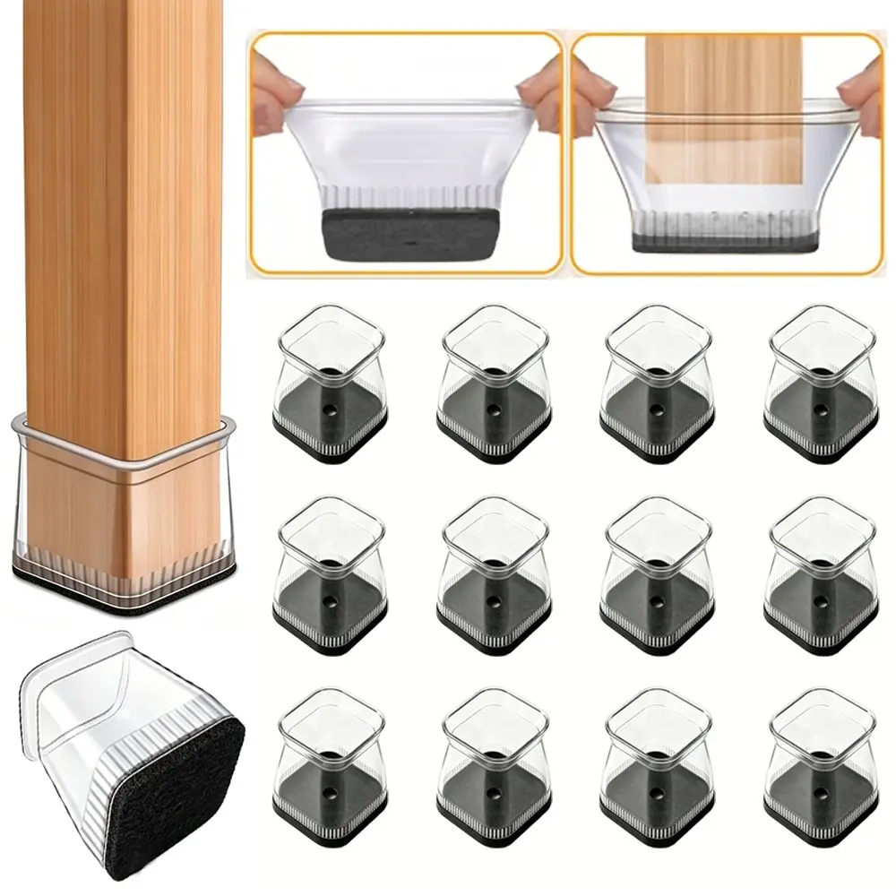 12 Piece Square Transparent Chair Leg Floor Protectors, Soundproof Pads, Silicone Anti-Slip Furniture Feet, Silent and Scratch-Free Home Accessories
