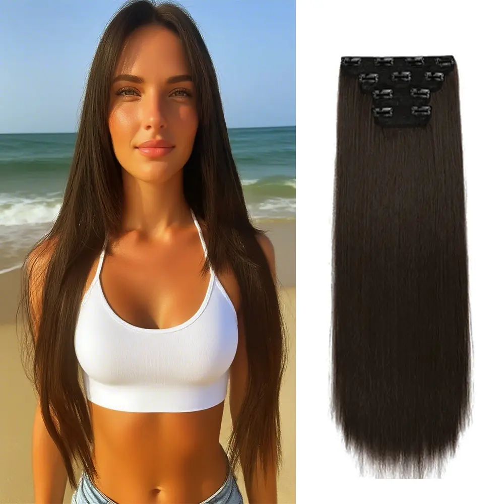 Clip-In Hair Extensions 24 Inch 150g 9pcs Seamless PU Clip-On Hair Extensions Natural Straight Synthetic Hair for Instant Style Transformation weft curly hair extension,summervibes