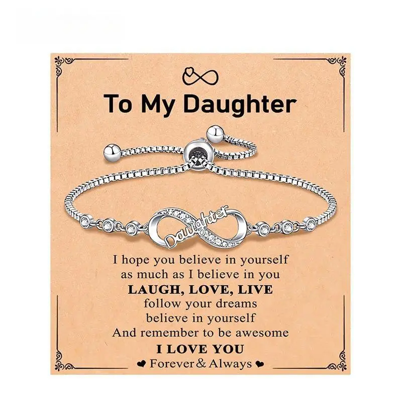 Crystal Infinity Heart Bracelet with Adjustable Slide, Sentimental Jewelry Gift for Mom or Daughter with Inspirational Message Card, Emotional Attachment, Crystals, Interlocking Heart-Shaped Bracelets & Bangles, Birthday, Engraved With 'Mom', 'Mom' Letter