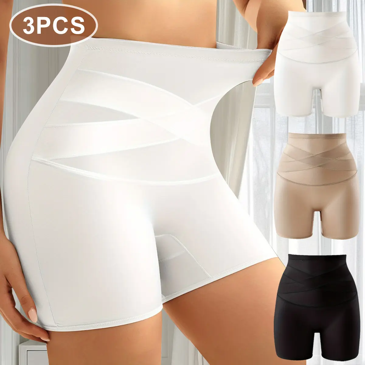 QUASTI Women's 3 Pack Super High Waist Cross Shaping Leggings Shorts, Smooth Fabric Cross Solid Color Pants Panties, Slim Fit Hip Lifting Elegant Comfortable Underwear, S-XXL
