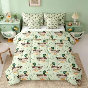 Cute Mallard Duck 7 Piece Bedding Set for Kids Hunting Fishing Wild Duck Bed in A Bag Farm Animal Rustic Comforter Set for Girls Boys Teens Bedroom Farmhouse Wildlife Bed Sets