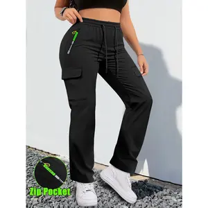 Women’s Multi Pocket Cargo Pants – High Waisted Drawstring Straight Leg Joggers with Zipper Pockets for Spring/Fall, Work, Travel & Casual Streetwear