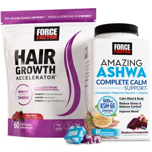 Force Factor Hair Growth Accelerator, Clinically Studied Lustriva, Promotes Thicker, Fuller, Stronger Hair AND Amazing Ashwa Complete Calm Support with KSM-66 Ashwagandha, Like Ashwangandha Gummies to Promote Calm & Relaxation with Magnesium & L-Theanine