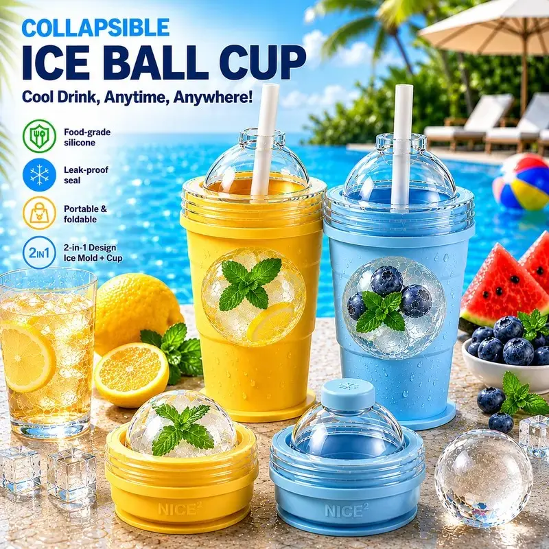 2-in-1 Reusable Portable Foldable Silicone Ice Ball Mold & Collapsible Water Cup, Oversized Spherical Bar Kitchen Tray for DIY Whiskey, Washable Drinkware