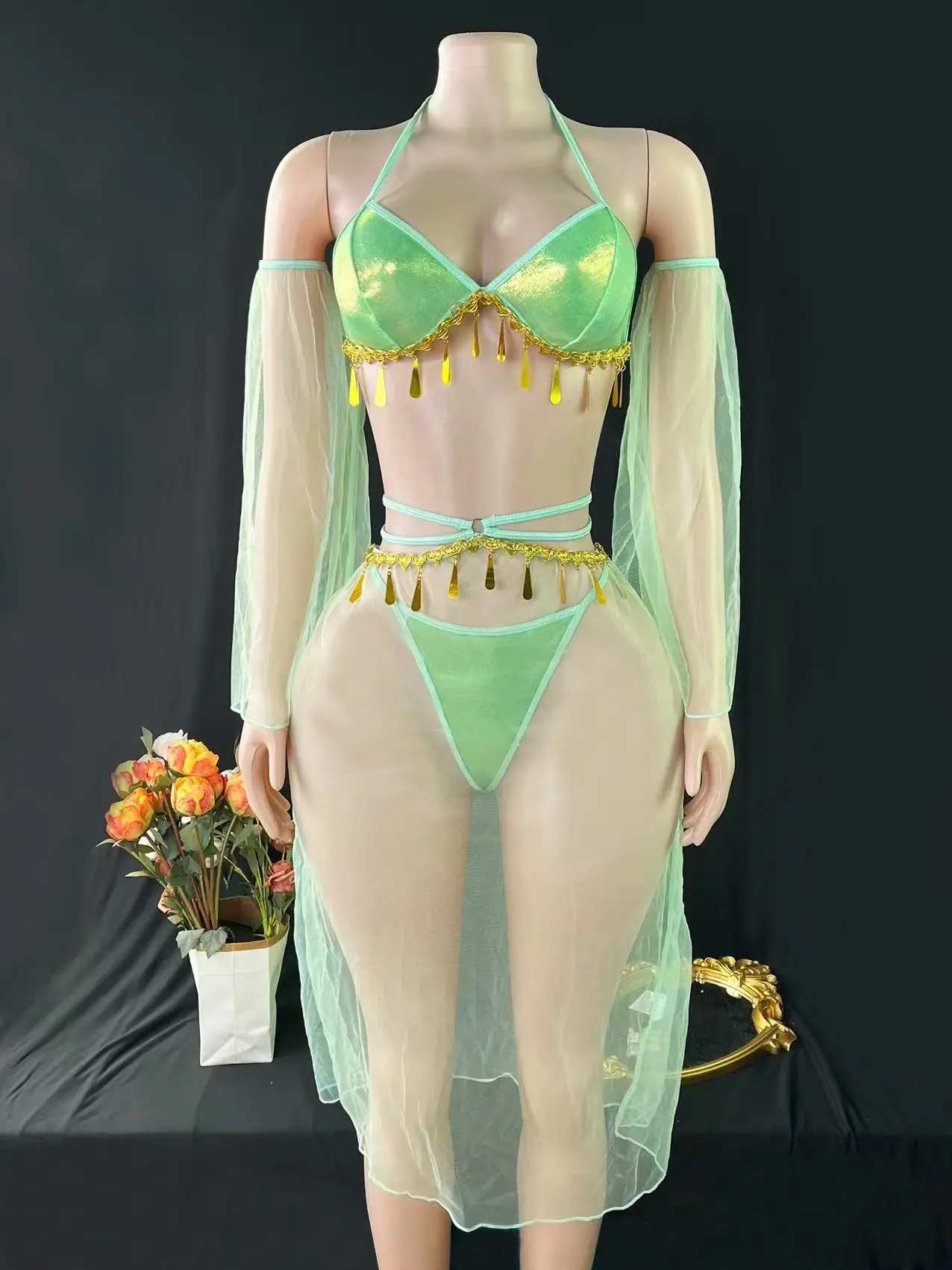 Sexy Suits for Women, Cosplay, Sexy Mesh Fringe Tie-Up Bow Bandeau Top & Thong & Skirt Outfit, Going Out Genie Costume Women Two-Piece Set Summer Two-Piece Set Belly Dance Costume  5-Piece Set Clothes Womenswear Lace Lace Bodysuits Embroidered Corset