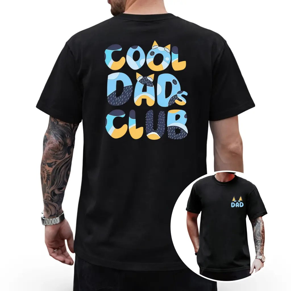 Bluey Cool Dads Club Double-Sided Tee Funny Dad Gift Cartoon T-Shirt For Men Top Casual Shortsleeve Streetwear CrewneckGift, All Seasons