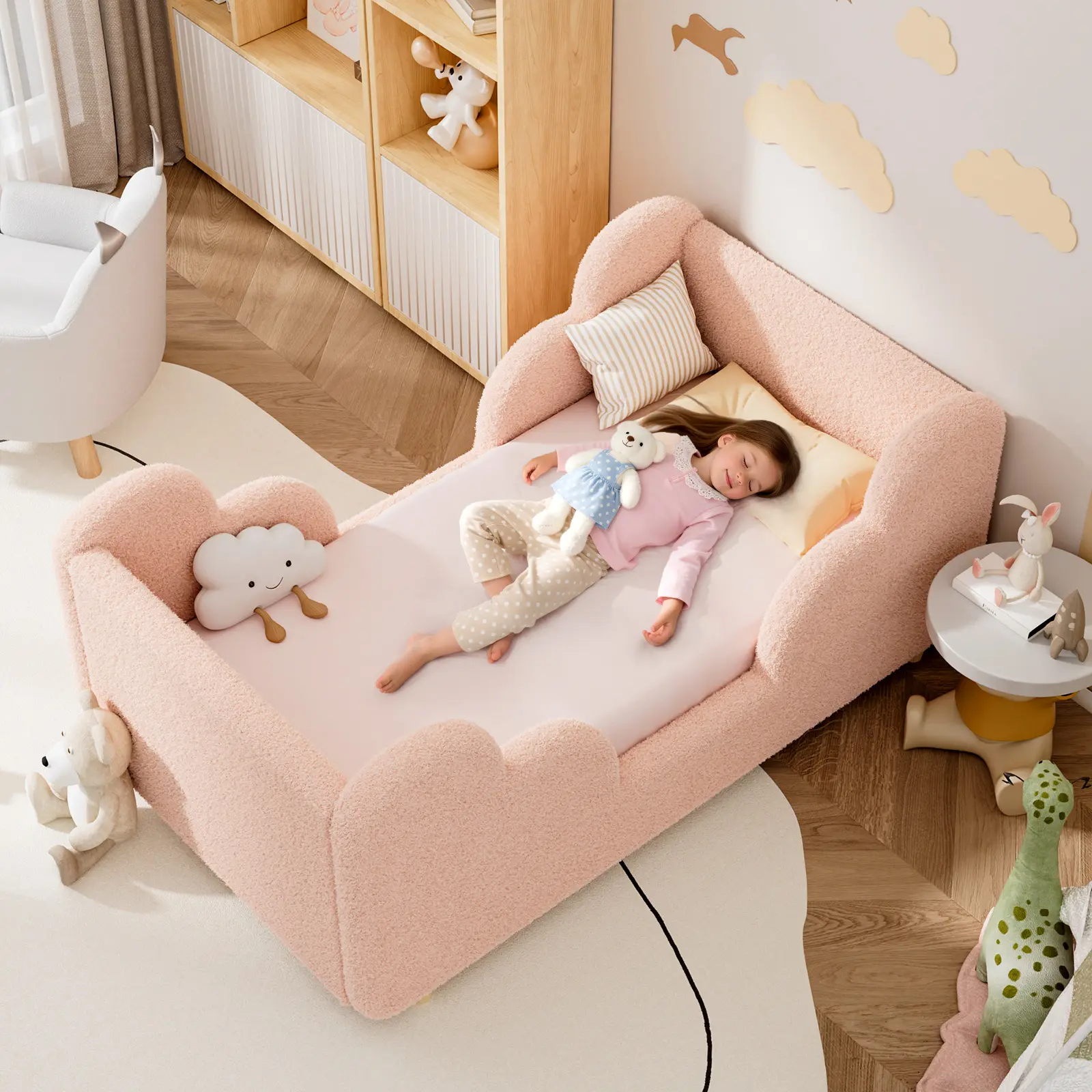 Lilypelle  Toddler Floor Bed, CPC Certified Upholstered，55.9" Cloud-Shaped Kids Bed with 200LBS Load Capacity, Soft Teddy Fleece Toddler Bed Frame for Boys & Girls, No Mattress Included summerwins,dorm essentials,home decor