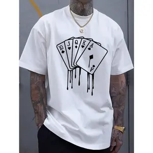 Men's Royal Blue Casual Cotton T-Shirt with Melted Playing Cards Graphic - Short Sleeve Summer Tee for Adults, Machine Washable, Cotton T Shirts