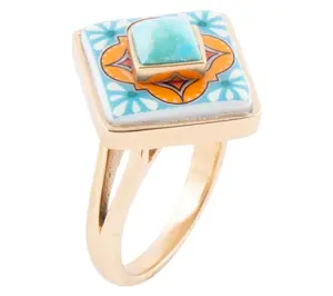 Barse Artisan Crafted Blue Turquoise Golden Tile Ring